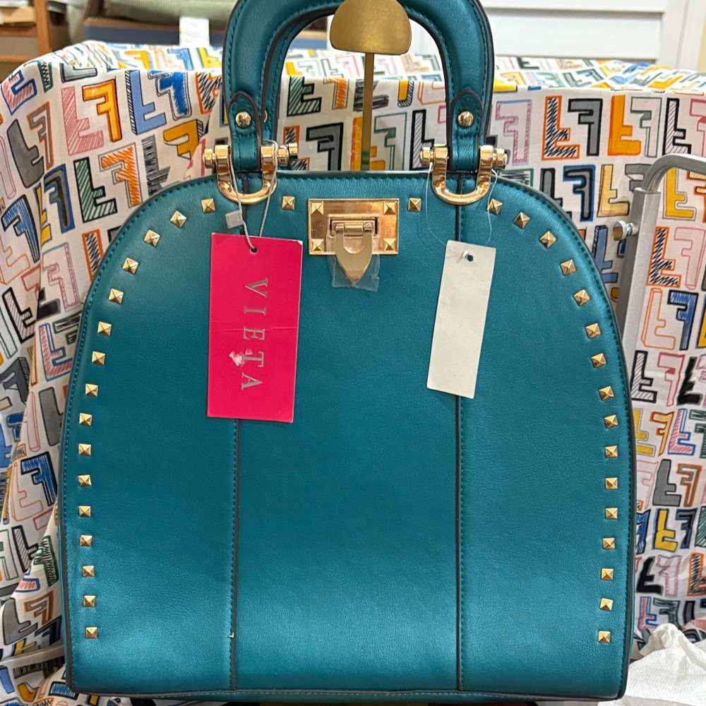 VIETA Fashion Teal Satchel with Gold Studs. Crossbody strap missing.